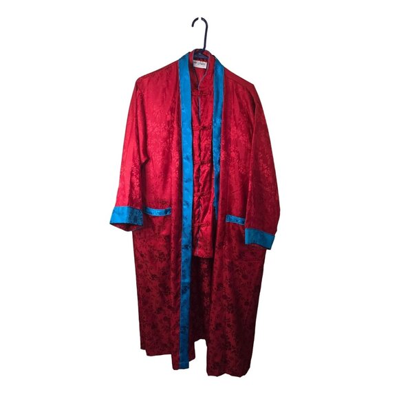 Bloomingdale's 3-Piece Asian Red & Blue Floral Patterned Satin Pajama Set - PS - Picture 1 of 4